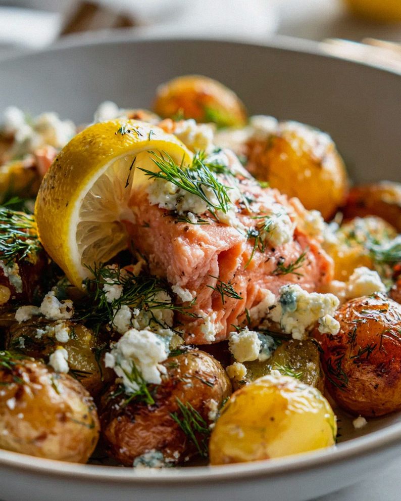 Cremiger Feta-Lachs mit Zitrone, Dill & Ofenkartoffeln