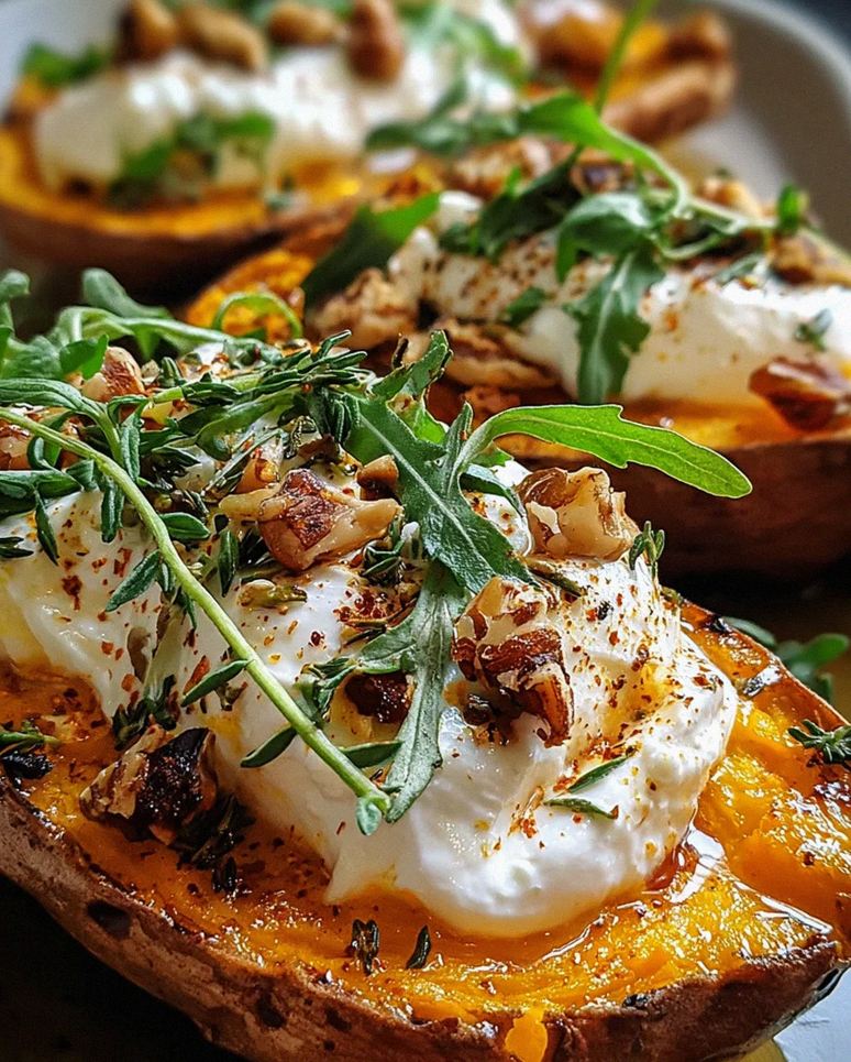 Gefüllte Süßkartoffeln mit Burrata