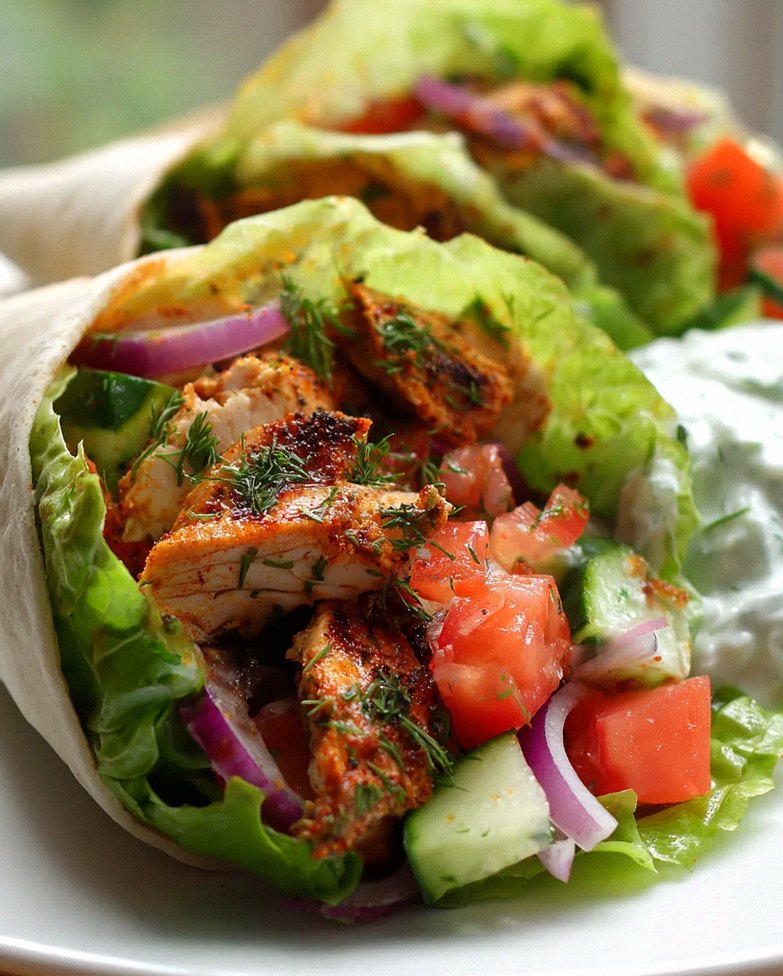 Köstliches Low Carb Hähnchen Gyros Salat Wrap mit Tzatziki