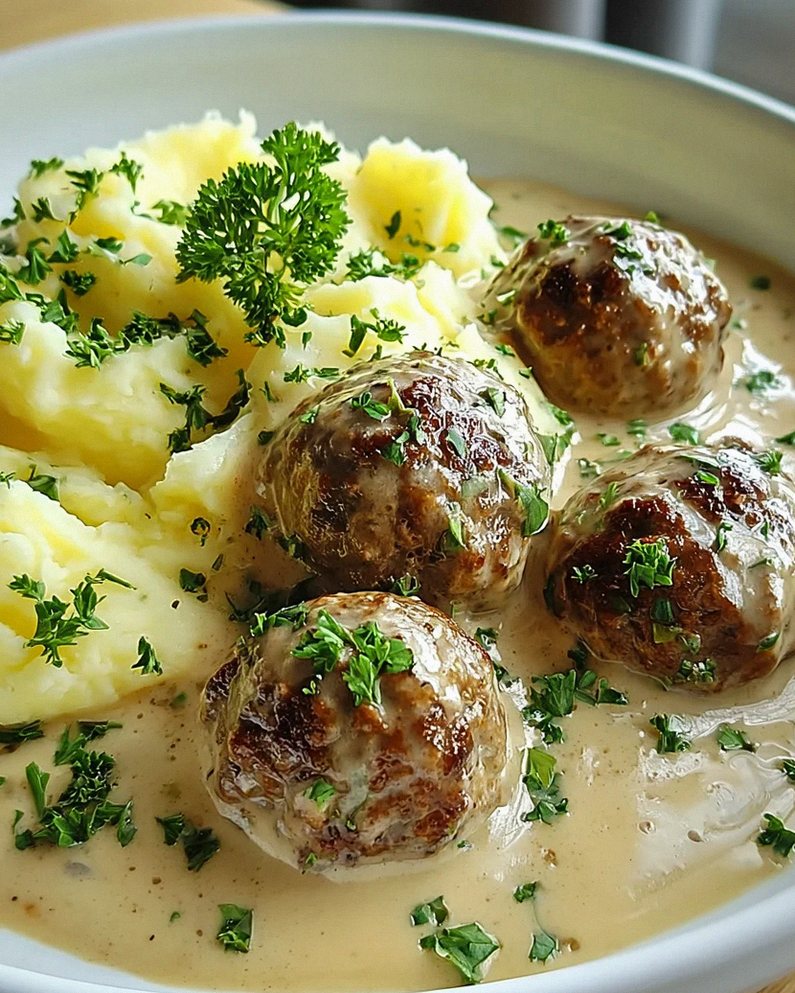 Saftige Hackbällchen in cremiger Sauce & Kartoffelpüree Rezept