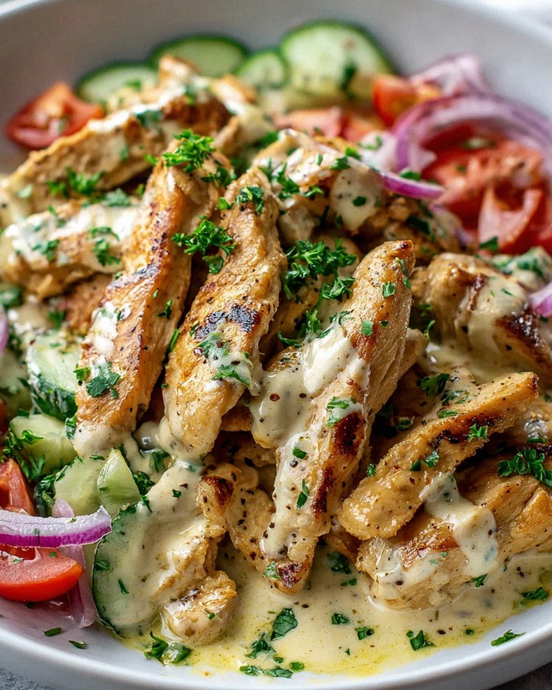 Ultimatives Hähnchen Gyros: Cremige Sauerrahmsauce genießen