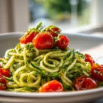 Zucchini Spaghetti mit Pesto & süßen Kirschtomaten – leicht & lecker!